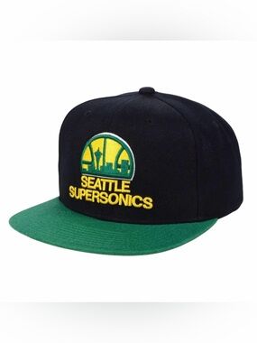 Mitchell & Ness Seattle Supersonics Two Tone Black/Green Flat Bill Snapback Hat
